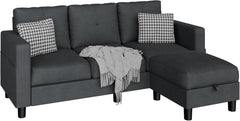 Convertible Sectional Couches for Living Room, L-Shaped Couch 3 Seat Sectional Sofa Set with Polyester Fabric and Movable Ottoman Small Couch for Apartments, Office, Black