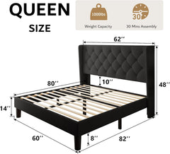 Queen Size Platform Bed Frame with Button Tufted Headboard, Upholstered Bed Frame with Solid Wooden Slats, 8" Underbed Space, No Box Spring Needed, Noise Free, Easy Assembly, Black
