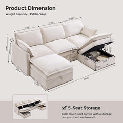 88.98" Modern U-Shaped Sectional Sofa with Ottoman and Storage, Chenille 3-Seater Couch with Deep Seat and Pillows for Living Room and Bedroom, Beige White