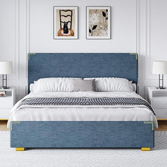 Queen Bed Frame, Queen Size Bed Frame with Headboard and Footboard, Chenille Fabric Upholstered Bed Frame, Gold-Colored Support Feet, Strong Wooden Slats, No Box Spring Needed, Easy Assembly, Black