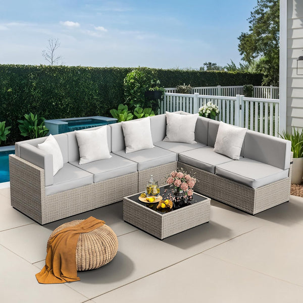 7-Piece Outdoor Sectional Furniture Set, All-Weather Wicker Patio Sofa with Washable Cushions, Gray Waterproof Rattan Conversation Set for Backyard, Poolside, Garden (Gray Cushions)