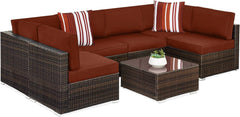 7-Piece Modular Outdoor Sectional Wicker Patio Conversation Set W/ 2 Pillows, Coffee Table, Cover Included - Gray/Cream