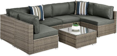 7-Piece Modular Outdoor Sectional Wicker Patio Conversation Set W/ 2 Pillows, Coffee Table, Cover Included - Gray/Cream