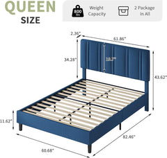 Queen Size Bed with Headboard and Storage, Queen Upholstered Platform Beds with Wooden Slats Support, Fabric Bed Frame, No Box Spring Required, Easy Assembly, Blue