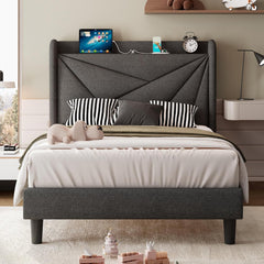 Full Size Bed Frame with Charging Station, Linen Platform Bed Frame with Wingback Headboard Upholstered Bedframe, Solid Wood Slats Support, No Box Spring Needed, Easy Assembly, Dark Grey