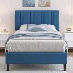 Queen Size Bed with Headboard and Storage, Queen Upholstered Platform Beds with Wooden Slats Support, Fabric Bed Frame, No Box Spring Required, Easy Assembly, Blue
