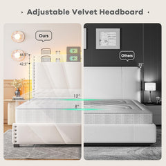 Queen Size Bed Frame with LED Lights, Storage Headboard with Charging Station, Velvet Platform Bed Frame for Apartment, Dorm, Noise-Free, Easy Assembly, Beige