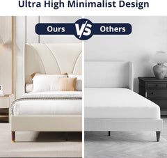 Full Size Bed Frame with 51.2" Tall Curved Wingback Headboard, Linen Upholstered Platform Bed, Soft Fabric/Noise-Free/Wooden Slats Support/No Box Spring Needed/Easy Assembly, Beige