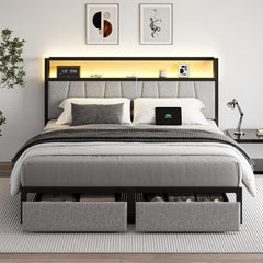 Queen Size Bed Frame with Headboard and Storage, Drawers Platform Bed Frame with Storage Chargin Station LED Light Bedframe, Heavy Duty, No Box Spring Needed