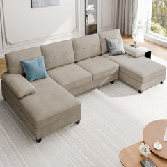 Sectional Couches for Living Room, U Shaped Couch 4- Seat Sectional Sofa with Double Chaise, Comfortable Fabric Large Sofa for Apartment (Grey)