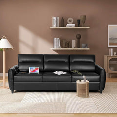 85” Black Faux Leather Couch with USB, 3 Seater Sofa Couches for Living Room, Large Mid Century Modern Office Apartment Couch (Black)