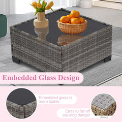 7-Piece Outdoor Rattan Sectional Sofa Set, Gray Wicker Patio Furniture Sets with Navy Blue Cushions for Balcony, Porch, Backyard