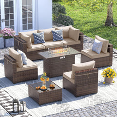 Patio Furniture Set, 8 Inch Armrest Outdoor Sectional Sofa, 6 Piece Wicker Outdoor Furniture Conversation Sets with Waterproof Cover and Coffee Table for Backyard Deck(Brown/Dark Grey)
