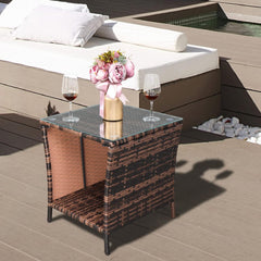 Outdoor Wicker Side Table Patio Side Tables for Outside, Tempered Glass Top Wicker Table with Storage End Table for Balcony Porch Deck (Brown)