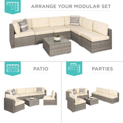 7-Piece Modular Outdoor Sectional Wicker Patio Conversation Set W/ 2 Pillows, Coffee Table, Cover Included - Gray/Cream