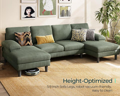 Sectional Couch, 111'' W Corduroy U Shaped Sofa with Sleepable Armrests, 4 Seat Couch with Double Chaises, Deep Seat Sofa for Living Room, Army Green