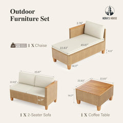 Small Patio Furniture Set, All Weather 3 Pieces Wicker Outdoor Sectional Set,Yellow Rattan Conversation Set with Lounge Sofa and Coffee Table for Lawn, Garden