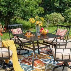 37" Patio Table for 4, Metal Outdoor Dining Table with E-Coating, Square Steel Slated Outdoor Table with 1.57" Umbrella Hole for Garden Backyard, Black