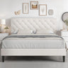 Queen Bed Frame with Headboard, Linen Fabric Upholstered Bed Frame Queen, Wood Slats Support, Button Tufted, No Box Spring Needed, White