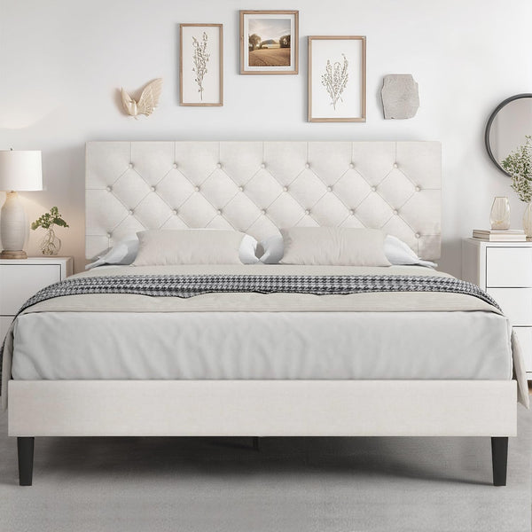 Queen Bed Frame with Headboard, Linen Fabric Upholstered Bed Frame Queen, Wood Slats Support, Button Tufted, No Box Spring Needed, White
