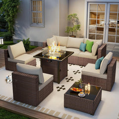 7 Piece Outdoor Patio Furniture Set, Outdoor Sectional Furniture, Rattan & Wicker Modern Modular Conversation Set Sofa Couch W/Water Resistant Washable Thick Cushions and Coffee Table, Coffee/Beige