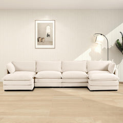 Oversized Modular Sectional Sofa with Movable Ottoman, 112 Inch 4 Seat Modern Corduroy Sofa Set, Convertible L Shaped Couch for Living Room and Office, Beige