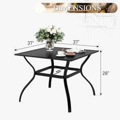 37" Patio Table for 4, Metal Outdoor Dining Table with E-Coating, Square Steel Slated Outdoor Table with 1.57" Umbrella Hole for Garden Backyard, Black
