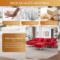 U Shaped Sectional Sofa Couch, 114" Convertible L Shaped Sofa with Chaise Lounge & Ottoman, Modern Oversized Modular 4 Seat Sleeper Sofa Set for Living Room Office, Red Velvet