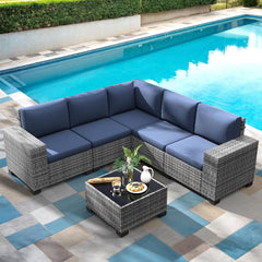 Patio Furniture Sets, 7 Pieces Outdoor Rattan Sectional Sofa Set with Glass Table and Cushions, Wicker Patio Conversation Set for Outdoor Indoor Backyard Lawn Garden Porch (Grey)