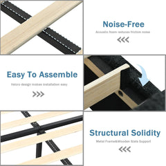 Queen Bed Frame, Queen Size Bed Frame with Headboard and Footboard, Chenille Fabric Upholstered Bed Frame, Gold-Colored Support Feet, Strong Wooden Slats, No Box Spring Needed, Easy Assembly, Black