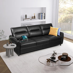 85” Black Faux Leather Couch with USB, 3 Seater Sofa Couches for Living Room, Large Mid Century Modern Office Apartment Couch (Black)