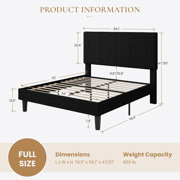 Full Bed Frame, Velvet Platform Bed Frame with Vertical Channel Tufted Headboard, Upholstered Corduroy, Strong Wooden Slats, Mattress Foundation, No Box Spring Needed, Easy Assembly, Black