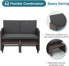 Outdoor Loveseat 3 Piece Patio Furniture Set Outdoor Conversation Set All-Weather Wicker Love Seat with Ottoman/Side Table, Brown Rattan, Dark Grey