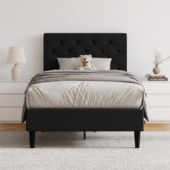 Queen Bed Frame with Headboard, Linen Fabric Upholstered Bed Frame Queen, Wood Slats Support, Button Tufted, No Box Spring Needed, White