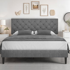 Queen Bed Frame with Headboard, Linen Fabric Upholstered Bed Frame Queen, Wood Slats Support, Button Tufted, No Box Spring Needed, White