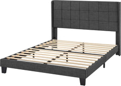 Queen Size Platform Bed Frame with Wingback, Fabric Upholstered Square Stitched Headboard and Wooden Slats, Mattress Foundation, Box Spring Optional, Easy Assembly, Dark Grey