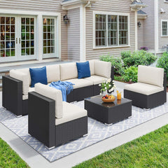 7 Pieces Patio Furniture Set, Outdoor Sectional Sofa PE Rattan Wicker Conversation Set outside Couch with Table and Cushions for Porch Lawn Garden Backyard(Beige+Black)