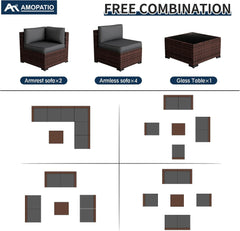 Patio Furniture Sets, 7 Pieces Outdoor Rattan Sectional Sofa Set with Glass Table and Cushions, Wicker Patio Conversation Set for Outdoor Indoor Backyard Lawn Garden Porch (Grey)