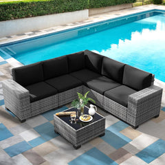 Patio Furniture Sets, 7 Pieces Outdoor Rattan Sectional Sofa Set with Glass Table and Cushions, Wicker Patio Conversation Set for Outdoor Indoor Backyard Lawn Garden Porch (Grey)