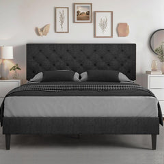 Queen Bed Frame with Headboard, Linen Fabric Upholstered Bed Frame Queen, Wood Slats Support, Button Tufted, No Box Spring Needed, White