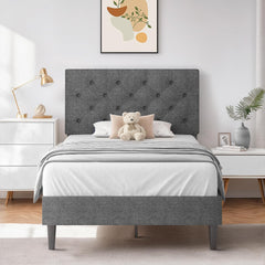 Queen Bed Frame with Headboard, Linen Fabric Upholstered Bed Frame Queen, Wood Slats Support, Button Tufted, No Box Spring Needed, White