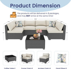 7 Piece Outdoor Patio Furniture Set, Outdoor Sectional Furniture, Rattan & Wicker Modern Modular Conversation Set Sofa Couch W/Water Resistant Washable Thick Cushions and Coffee Table, Coffee/Beige