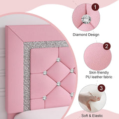 Queen Bed Frame with Diamond Headboard, Faux Leather Upholstered Platform Bed, Mattress Foundation, No Box Spring Needed, Easy Assembly, Pink