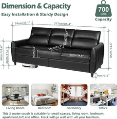 85” Black Faux Leather Couch with USB, 3 Seater Sofa Couches for Living Room, Large Mid Century Modern Office Apartment Couch (Black)