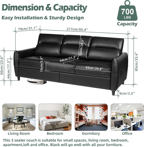 85” Black Faux Leather Couch with USB, 3 Seater Sofa Couches for Living Room, Large Mid Century Modern Office Apartment Couch (Black)