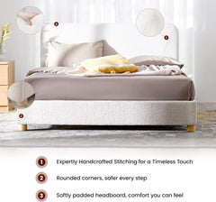 Full Size Boucle Bed Frame, Upholstered Cloud Bed Frame with Adjustable Headboard, Solid Wood Legs, Rounded Corners Design & Easy Assembly – Modern Platform Bed,Cream