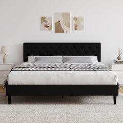 Queen Bed Frame with Headboard, Linen Fabric Upholstered Bed Frame Queen, Wood Slats Support, Button Tufted, No Box Spring Needed, White