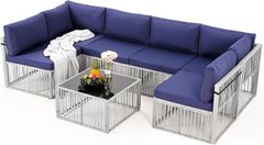 7-Piece Outdoor Sectional Furniture Set, All-Weather Wicker Patio Sofa with Washable Cushions, Gray Waterproof Rattan Conversation Set for Backyard, Poolside, Garden (Gray Cushions)