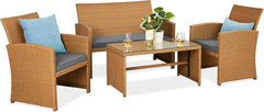 4-Piece Outdoor Wicker Patio Conversation Furniture Set for Backyard W/Coffee Table, Seat Cushions - Gray/Cream