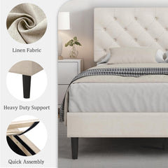 Queen Bed Frame with Headboard, Linen Fabric Upholstered Bed Frame Queen, Wood Slats Support, Button Tufted, No Box Spring Needed, White